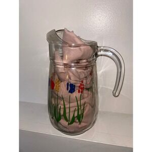 Vintage Hand Painted Tulip Glass Pitcher Clear Floral Juice Water Carafe